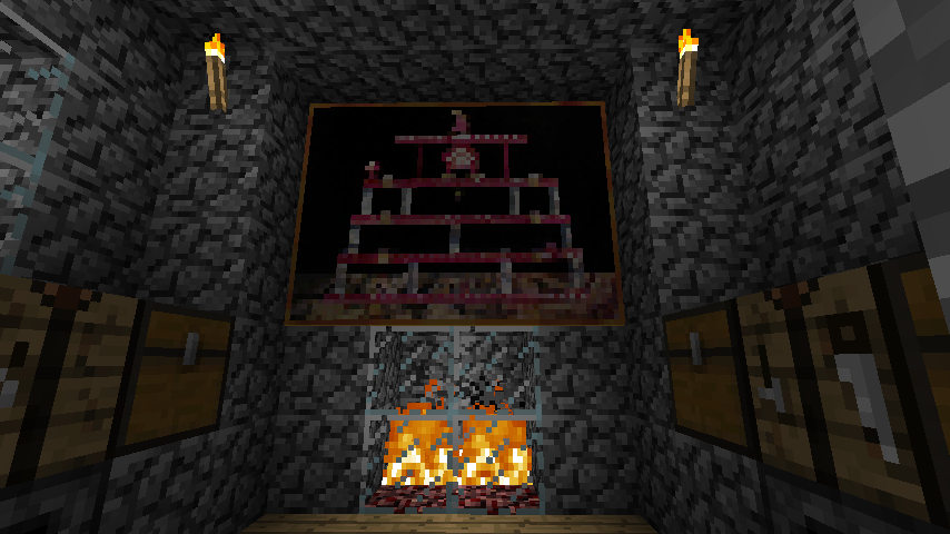 A screenshot of a room with a fireplace and workbenches and a Donkey Kong painting in Minecraft.