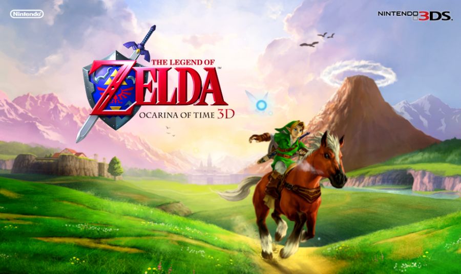 The Legend of Zelda: Ocarina of Time 3D promotional art depicting Link riding Epona through Hyrule field