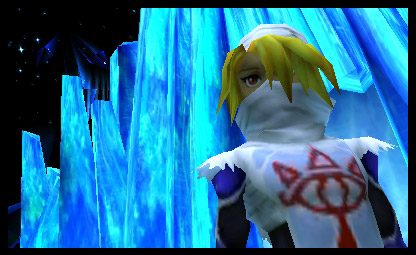 A screenshot of Shiek in the Ice Caves from the 3DS version of Ocarina of Time