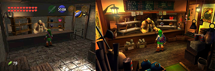 A screenshot comparing the inside of the Hyrule Market Town Shop from the N64 version and the 3DS version of Ocarina of Time