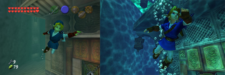 A screenshot comparing link swimming in the Water Temple from the N64 version and the 3DS version of Ocarina of Time