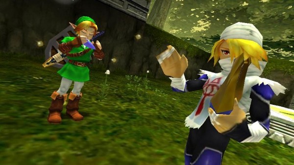 A screenshot of Link learning the Minuet of the Forest from Shiek in Ocarina of Time