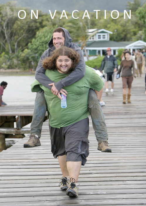 A picture of the actor Matthew Fox being given a piggyback ride by the actor Jorge Garcia on the set of LOST with the caption ON VACATION.