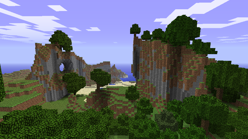 A screenshot of two cliffs by the sea in Minecraft.