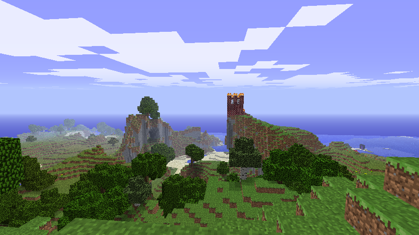 A screenshot of a burning fortress made of netherrock on the top of a cliff during mid-day in Minecraft.
