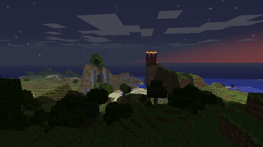 A screenshot of a burning fortress made of netherrock on the top of a cliff during sundown in Minecraft.