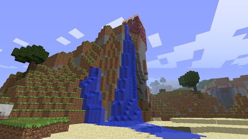 A screenshot of a burning fortress made of netherrock on the top of a cliff with a waterfall next to it in Minecraft.