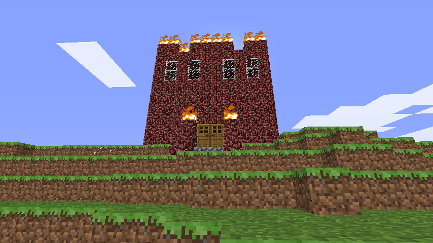 A screenshot of the entrance to a burning fortress made of netherrock in Minecraft.