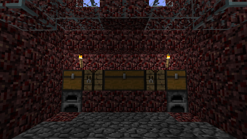 A screenshot of chests in a room of a fortress made of netherrock in Minecraft.