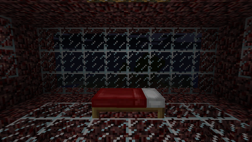 A screenshot of a bed next to a glass wall in a room of a fortress made of netherrock in Minecraft.