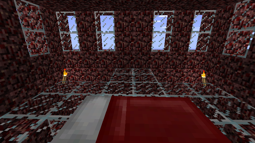 A screenshot of a room of a fortress made of netherrock as seen from a bed in Minecraft.