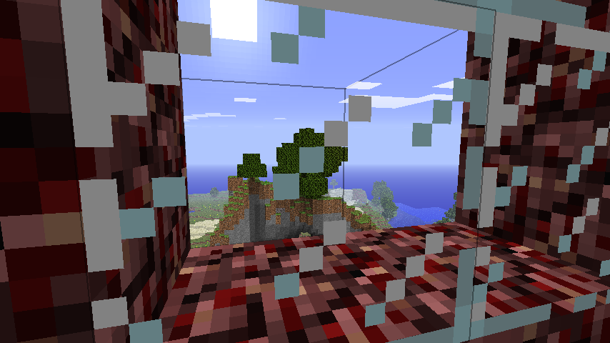 A screenshot of a cliff near the sea as seen through a window in Minecraft.