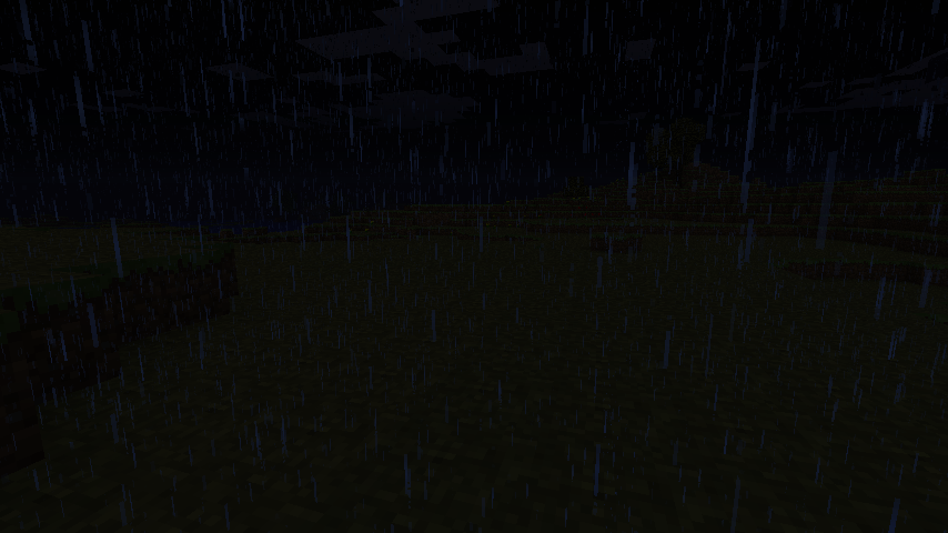 A screenshot of a rainstorm at night in Minecraft.