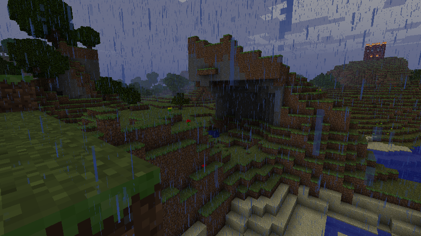 A screenshot of a rainstorm during the day in Minecraft.
