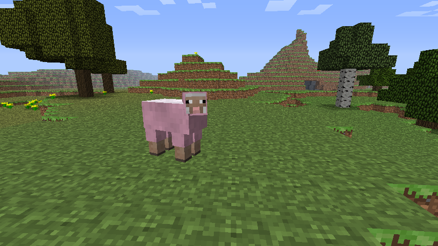 A screenshot of a sheep with pink wool in Minecraft.