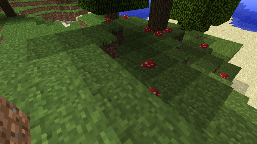 A screenshot of a mushrooms growing in the shade of an oak tree in Minecraft.