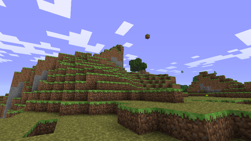 A screenshot of a hill with a single dirt block floating in mid-air near it in Minecraft.