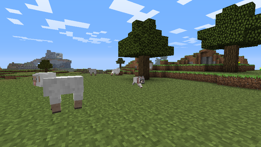 A screenshot of a wolf and sheep on an open plain in Minecraft.