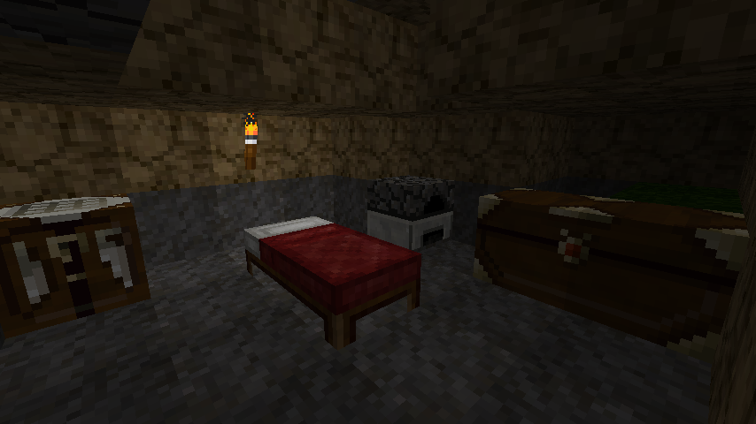 A screenshot of a bed in a cave in Minecraft.