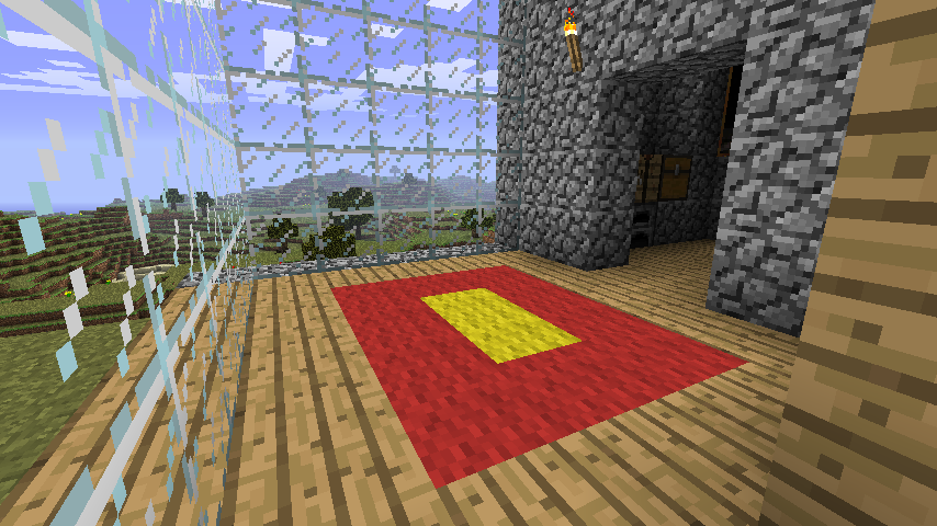 A screenshot of a rug in a room with walls made of glass in Minecraft.