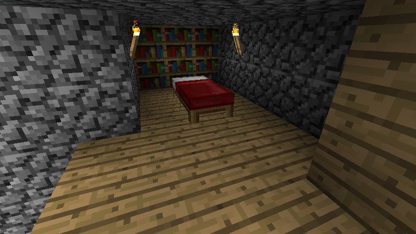 A screenshot of a nook with a bed and bookcases in Minecraft.