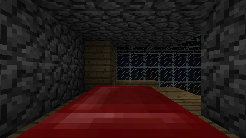 A screenshot of a rain as seen through a window from a bed in Minecraft.