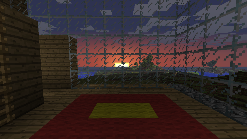 A screenshot of a sunset as seen through the glass walls of a room with a rug in Minecraft.