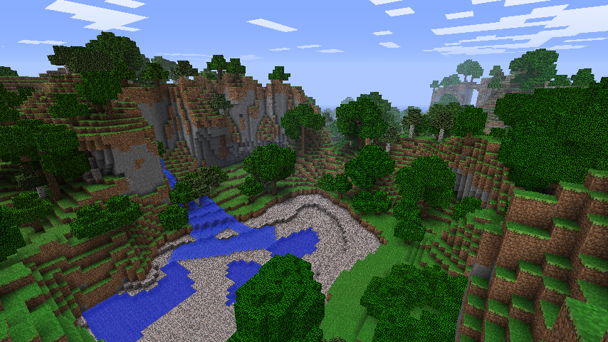 A screenshot of a stream in a fertile valley in Minecraft.