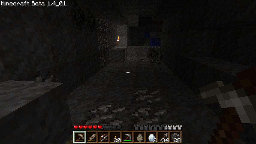 A screenshot of a mine shaft in a cave in Minecraft.