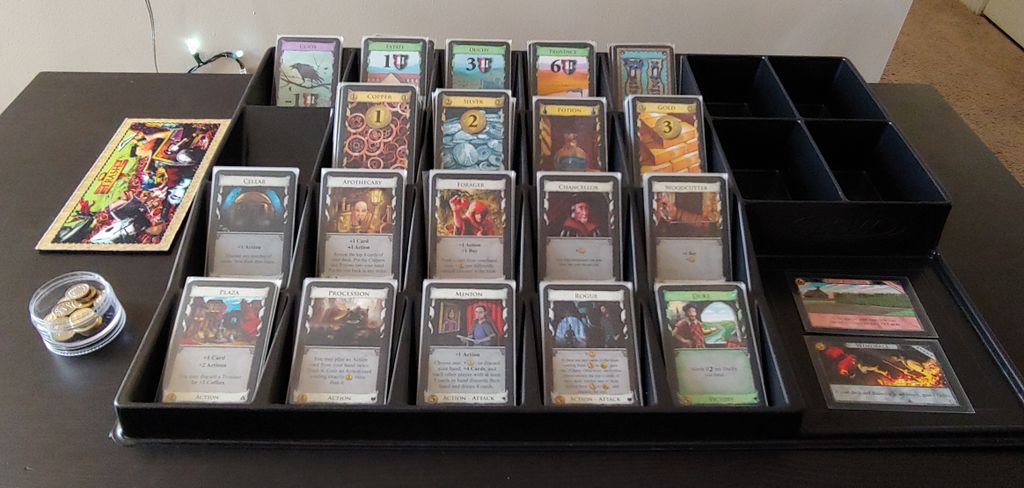 Dominion game set up to play using a BCW Card Sorting Tray as a play organizer.